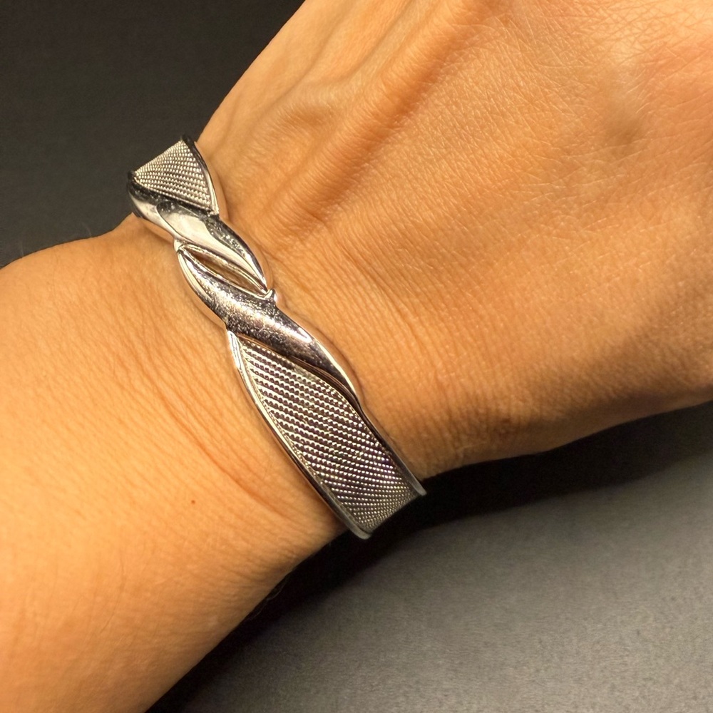 Silver Tone Textured Cuff Bracelet Unique Design Classic